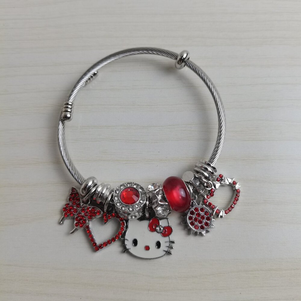 💖⭐Hello Kitty Charm Pendant Tone Bangle Bracelet Silver & Red